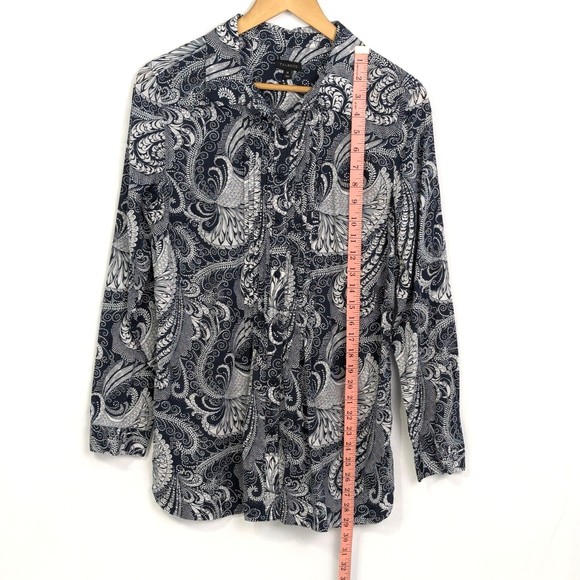 Talbots Womens Medium Navy Blue White Paisley Cotton Pleated Tunic Top Blouse - Picture 8 of 10